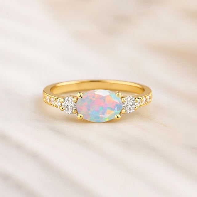 Multifire White Opal Oval Solitaire Ring 925 Sterling Silver 14K Gold Plated Luxury Premium Grade Vintage October Birthstone