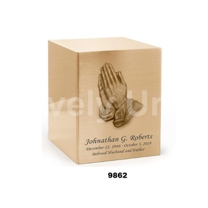 Praying Hands Emblem Bronze Cube Cremation Urn for Human Ashes With Free <b>Velvet</b> <b>Bag</b> - Product Image 1