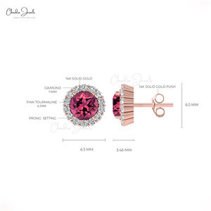 Boucles d'oreilles classiques à la mode du fournisseur en gros le mieux noté 14k griffe de partage en diamant blanc massif 4mm fêtes en tourmaline rose - Product Image 2