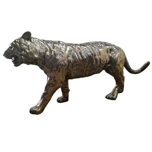 Handmade bronze life size Tiger sculpture with glossy patina for art collection and home decoration 55 x 30 x 130 cm