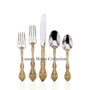 Silver Color Stainless Steel Top Cutlery Set With Gold Color Brass Casted Handle Flatware Set <b>Knife</b> <b>Fork</b> <b>and</b> Spoon Cutlery Set - Product Image 1