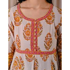 Vestido de Algodón Gris Amarillo con Cierre de Botones, Estampado Butta Block, Diseño Personalizado para Fiestas Casuales, Talla XS, Transpirable, Largo hasta el Suelo - Product Image 2