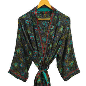 Bata de seda de verano para mujer, bata larga de noche, Kimono Sari de seda reciclado Vintage indio con estampado Floral, - Product Image 1