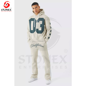 Survêtement à impression bouffante unisexe pour homme avec pantalon évasé et ensemble de sweat à capuche Design personnalisé Techniques lavées grande taille - Product Image 1