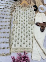 Las mujeres musulmanas usan todo Zari y encaje borde trabajo Georgette tela paquistaní Salwar traje para Eid y Ramdan mes especial