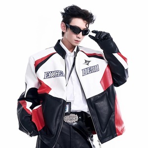 2024เสื้อแจ็กเก็ตหนังของผู้ชายสำหรับฤดูใบไม้ร่วงและฤดูหนาวปักลายตัวอักษรภาพเงาเสื้อขนสัตว์แขนยาวสีตัดกันทำจากขนสัตว์ - Product Image 2