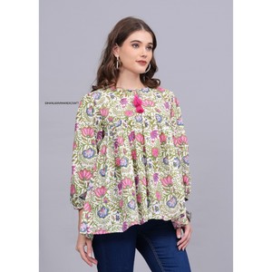 Robe courte d'été en coton indien faite à la main pour femmes imprimé floral asymétrique décontracté dentelle décoration naturel écologique - Product Image 5