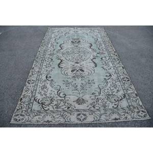 Tapis Turc Fait Main Classique Bleu Gris 5.6X9.8 ft Laine Matériel Boho Patchwork Design pour Salon Couloir Rectangle Latex - Product Image 1