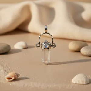 Collier pendentif en cristal de quartz clair pour femmes - Argent 925, style vintage, forme géométrique, longueur 16 pouces, cadeau - Product Image 3