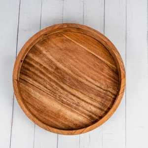 Round solid acacia wood serving tray high wall cutout handles rustic <b>coffee</b> table ottoman platter hotel restaurant catering - Product Image 4
