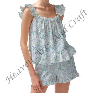 Floral Printed Indian Handmade Cotton Co- Ord Shorts <b>Pajama</b> Set Spring/<b>Summer</b> Floral Fitted Strappy Ruffle Trim Sleeves PJ Set - Product Image 2