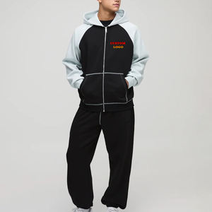 Recién llegado 2025 100% chándal de algodón con cremallera para hombre logotipo impreso DTF personalizado con mangas de contraste y capucha hip hop hombre conjunto de 2 piezas - Product Image 4