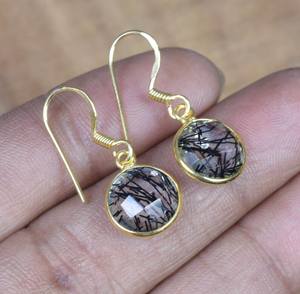 Boucle d'oreille en quartz rutilé noir en argent sterling avec superposition d'or Cadeau de bijoux en pierres précieuses faits à la main pour elle - Product Image 4