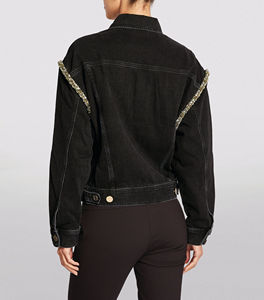 2025 Women's Black Denim Jacket <b>Button</b> Closure Outer Pocket Crystal Decoration Fashion Trend Simple Unique For Women - Product Image 3