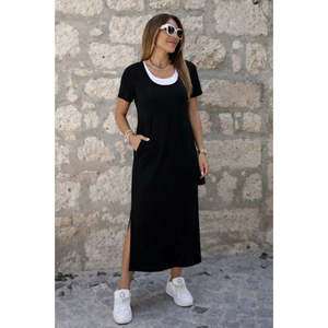 Robe longue en viscose à manches courtes, style débardeur, avec fente latérale, pour femme, 35376 - Noir - Product Image 1