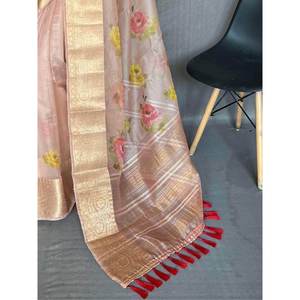 Astonishing Peach Pichwai Print Organza Performance Wear Saree with <b>Blouse</b> for Events - Product Image 4