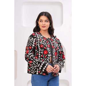 Veste en coton matelassée florale bohème faite à la main, doublure réversible en lin, extérieur en cuir brodé, pour l'automne, personnalisable - Product Image 4