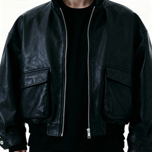 Veste en cuir véritable pour homme tendance avec col, grande taille, fermeture éclair, logo personnalisé, streetwear d'hiver pour hommes et femmes - Product Image 3