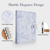 Carnet de notes A5 personnalisé rechargeable en cuir PU à spirale 6 anneaux, avec pochettes, intercalaires et 80 feuilles de papier de rechange, motif marbré bleu, idéal comme cadeau