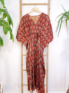 Mashru Kaftan de lujo rojo Beige gasa Ajrakh estampado a mano Mughal motivo Floral para verano invierno otoño primavera Casual bata de salón - Product Image 4