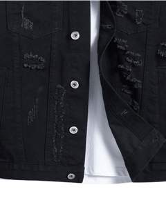 <b>Mens</b> <b>Black</b> Distressed Denim <b>Jacket</b> Ripped Washed Button Front Casual Streetwear Trucker <b>Jean</b> <b>Jacket</b> For <b>Men</b> - Product Image 5