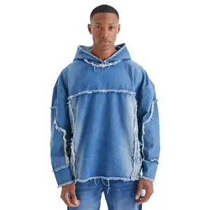 Men Factory Made Customized Blue Stone Washed Denim Pullover Hoodies With Distressed Raw Hem Details For Sale