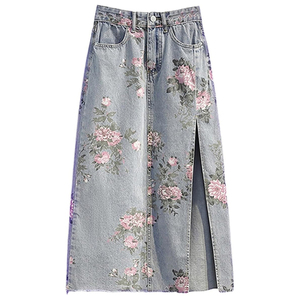 Embroidery Denim <strong>Skirt</strong> for Women High Waist Slim Fit Front Slit <strong>Floral</strong> Denim <strong>Skirt</strong> Charm Fashionable A-Line Plus Size