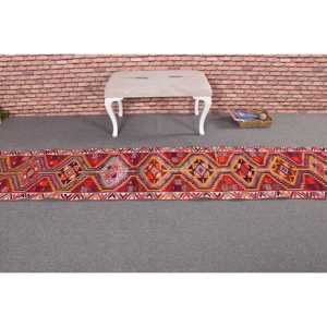 Vintage Turkish Herki <b>Red</b> <b>Wool</b> Rug Patchwork Design Eco-Friendly Latex Backing 2.1x11.3 ft (65x343 Cm) - Product Image 3
