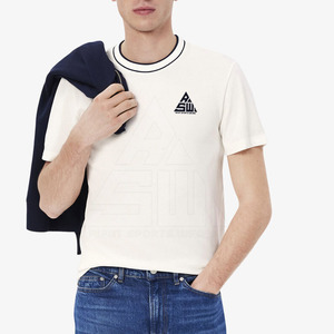 T-shirt blanc à manches courtes pour homme, imprimé sur le devant, bordure contrastée, coupe classique, style décontracté, col rond, jersey de coton, écologique, séchage rapide - Product Image 1