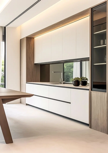 Armoire de rangement contemporaine pour salle à manger avec finition en panneau mélaminé, portes vitrées, éclairage chaleureux et dimensions sur mesure - Product Image 4