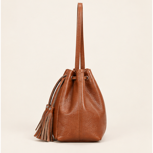 Vintage Full Grain Cow Leather Cognac Waterproof Tassel Crossbody <b>Bucket</b> <b>Bag</b> <b>for</b> <b>Women</b> Custom Logo OEM ODM - Product Image 2