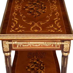 Chariot de service classique en bois massif avec incrustations décoratives et détails en laiton pour les intérieurs de luxe - Product Image 6