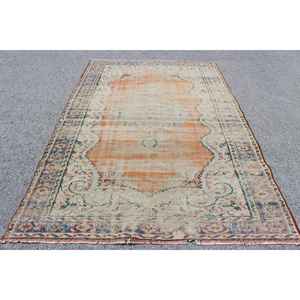 Alfombra Turca de 5.9x9 pies, Alfombra Grande Vintage, Alfombra Sólida Naranja y Azul - Product Image 1