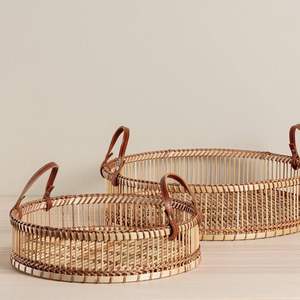 Plateau de service en bois de rotin rond noir naturel et marbre tissé à la main avec poignée Plateau en osier décoratif pour boissons alimentaires - Product Image 5