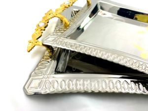 Bandeja de restaurante para servir frutas de metal de acero inoxidable con asas doradas de diseñador Calidad fabulosa - Product Image 4