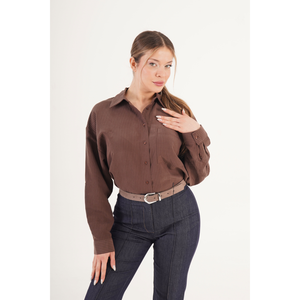 Blusa a Rayas Marrón para Mujer, Marca Lustrin - Elegante Top Casual de Modal, Viscosa y Poliéster para Oficina, Venta al Por Mayor - Product Image 1