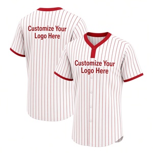 Soccer Ball Custom Label Red <b>White</b> Striped Baseball Jersey Unisex Short Sleeve <b>Button</b> Front V-Neck Polyester Team Apparel - Product Image 1