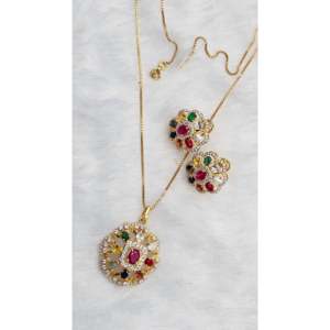 Navratna Pendant with <b>Ruby</b> Elegant Set Including Earrings - Product Image 1