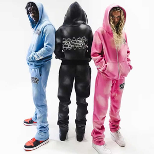 Top moda Unisex Sun Faded Wash cubierta de cara completa Zip up Puff impreso Sudadera con capucha Flare Bottom pantalones algodón Vintage chándales - Product Image 1