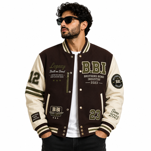 <b>Mens</b> Customizable Breathable 100% Wool Letter Graphic Varsity Bomber <b>Jacket</b> <b>Long</b> Sleeve Striped Trim Button Front Casual - Product Image 2