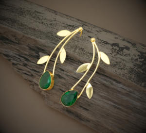 Elegant Gold-Plated Drop Earrings with Green Teardrop Gemstones and Leaf Design, Modern Floral-<b>Inspired</b> <b>Jewelry</b> for Women - Product Image 2