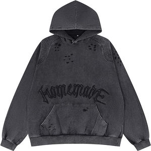 Sweat à capuche vintage Streetwear Hip Hop broderie déchiré détruit en détresse lavage sweat à capuche respirant mode personnalisée - Product Image 1