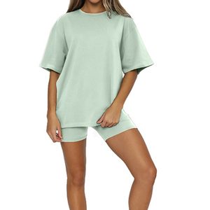 เซ็ตเสื้อยืดกางเกงขาสั้นสำหรับผู้หญิงใส่ในฤดูร้อน2024เป็นมิตรกับสิ่งแวดล้อมชุดใส่เล่นสองชิ้นพร้อมเชือกตกแต่งเสื้อเอวลอย - Product Image 5