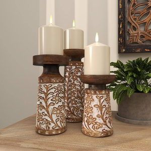 Intricately carved wooden <b>pillar</b> <b>candle</b> stand, featuring heart motifs and distressed <b>white</b> finish, at wholesale prices. - Product Image 4