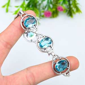 Pulsera de Tenis Bohemia con Topacio Azul Radiante, Plata de Ley 925, Chapada en Rodio, Ajustable, Hecha a Mano, Joyería Ovalada Facetada para Fiesta - Product Image 2