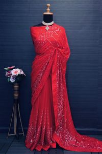 Indian Boutique <b>Red</b> Beautiful Traditional Bollywood Ethnic Georgette Sequence Work Premium Quality Latest Trendy <b>Red</b> Sari - Product Image 4