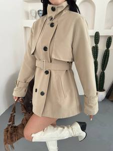 Elegant Beige Casual <b>Safari</b> Jacket Belt Full Sleeve <b>Shirt</b> Collar Double Breasted Regular Length Autumn Wear Reversible Windproof - Product Image 5