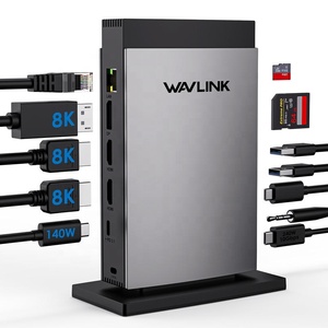 محطة إرساء Wavlink WL-UMD26 مع منفذ RJ45 ومنفذ <span class=keywords><strong>USB</strong></span>-C وفتحة SD/TF ومدخل صوت/ميكروفون وشحن PD3.1 بقوة 140 واط وعرض ثلاثي الشاشات وسرعة USB3.0 تصل إلى 1000 ميجابت في الثانية - Product Image 2
