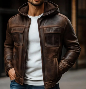 Veste à capuche en cuir véritable pour homme Marron Fermeture éclair Style décontracté Automne Poches Doublure en coton Modèles 2027 - Product Image 2