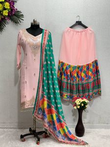 Traje paquistaní de Georgette de imitación pesada de nuevo diseñador con bordado de secuencia elegante y trabajo de espejo real perfecto para bodas - Product Image 4